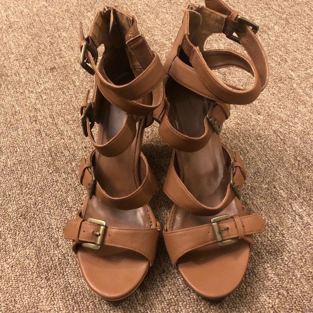 Brown sandals wirh heel, zip up back,  never worn